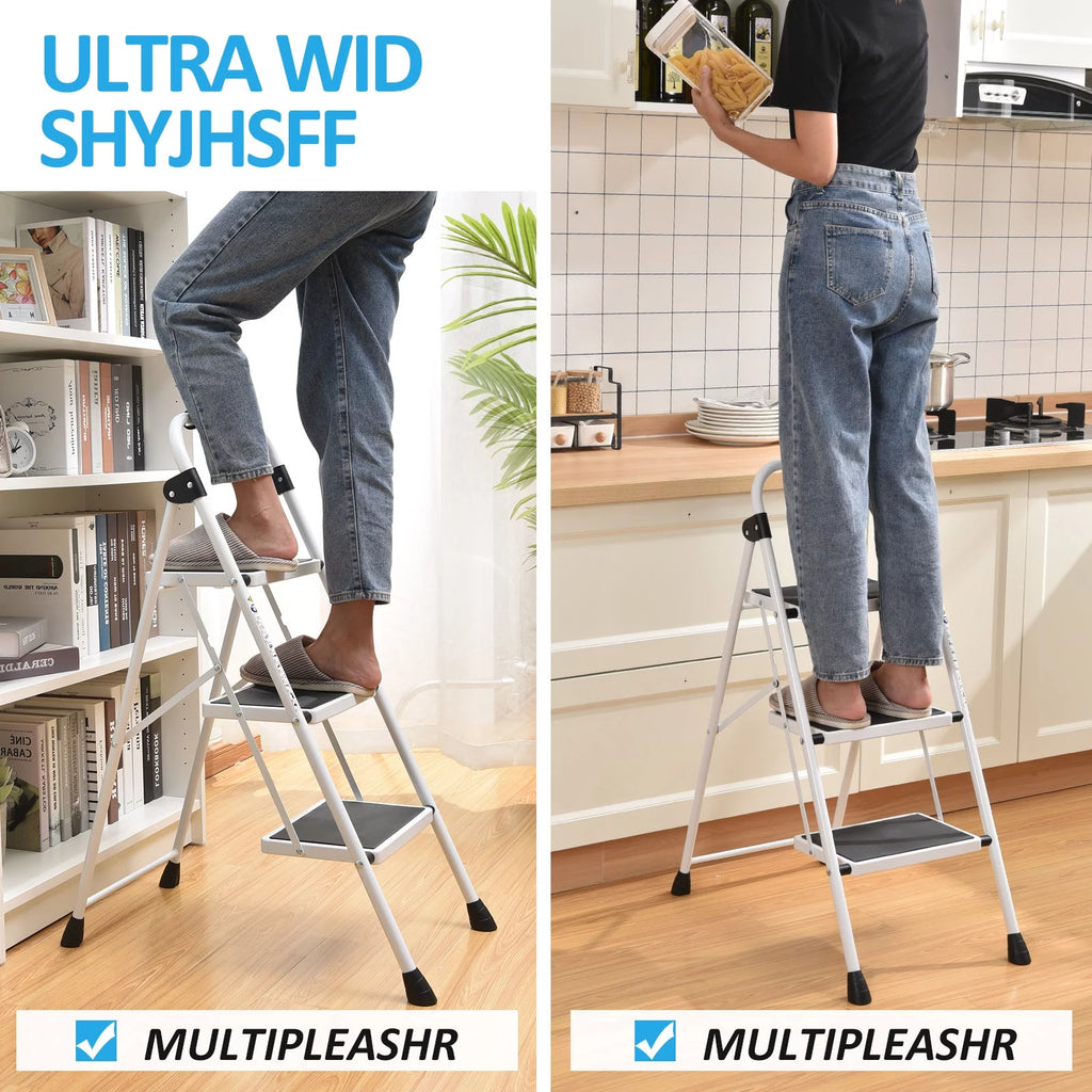 3 Step Folding Step Stool with Handrail White W595727