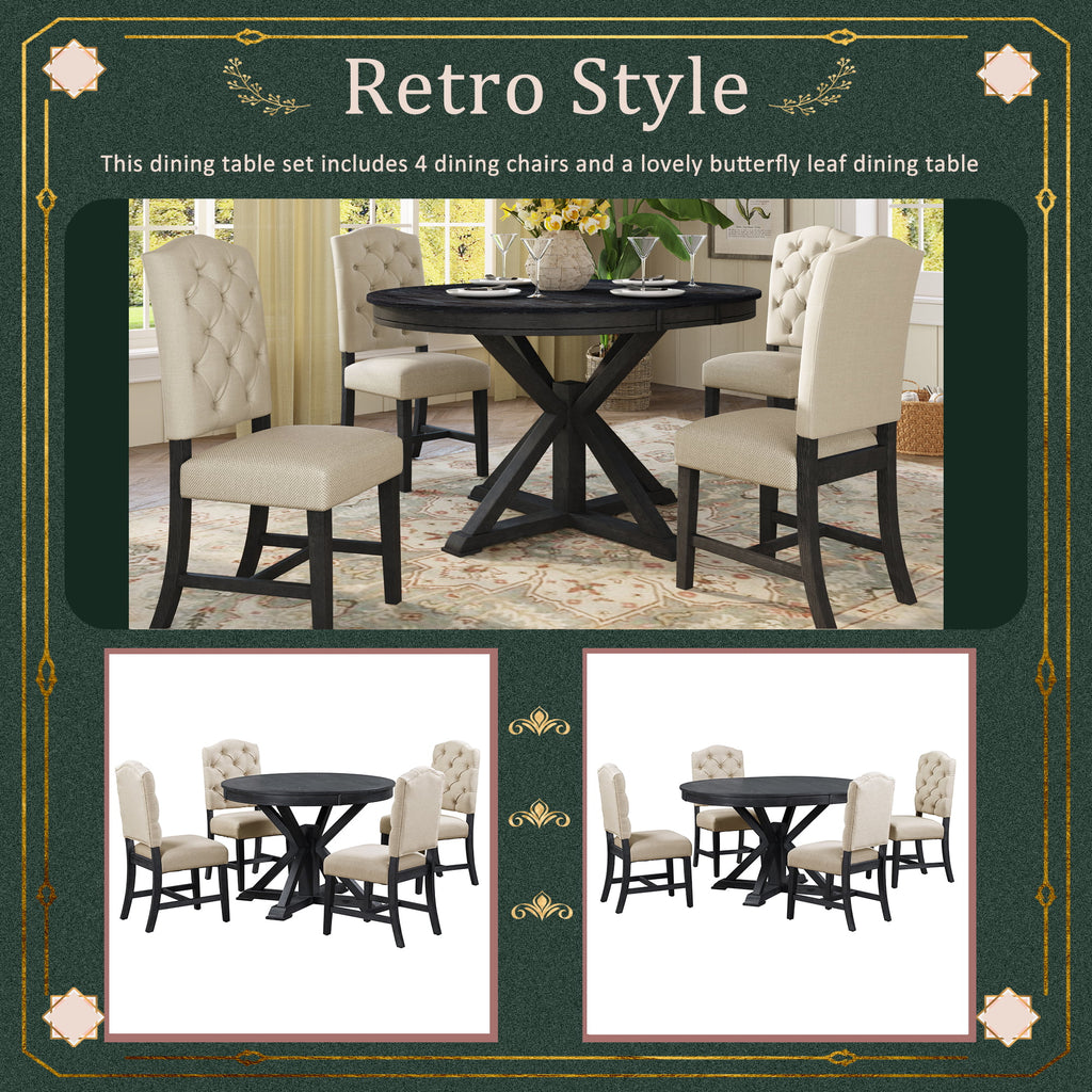 5 Piece Espresso Round Wood Dining Table Set with 4 Upholstered Chairs Y500225