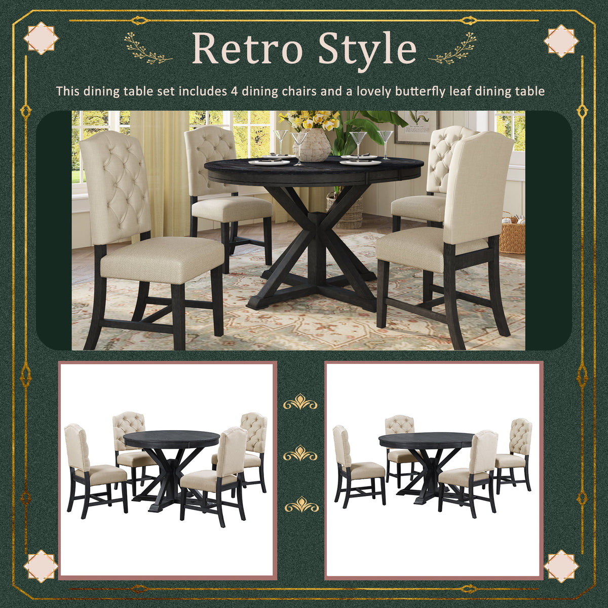 5 Piece Espresso Round Wood Dining Table Set with 4 Upholstered Chairs Y500225