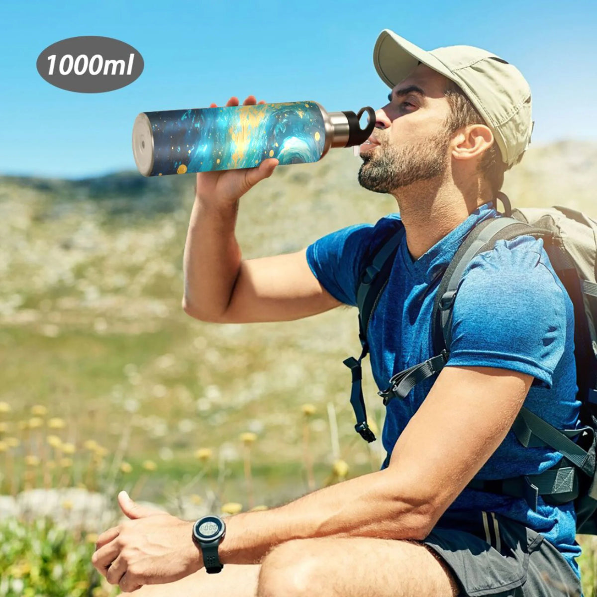 Blue and Golden Stainless Steel Insulated Water Bottle with Straw Lid B691