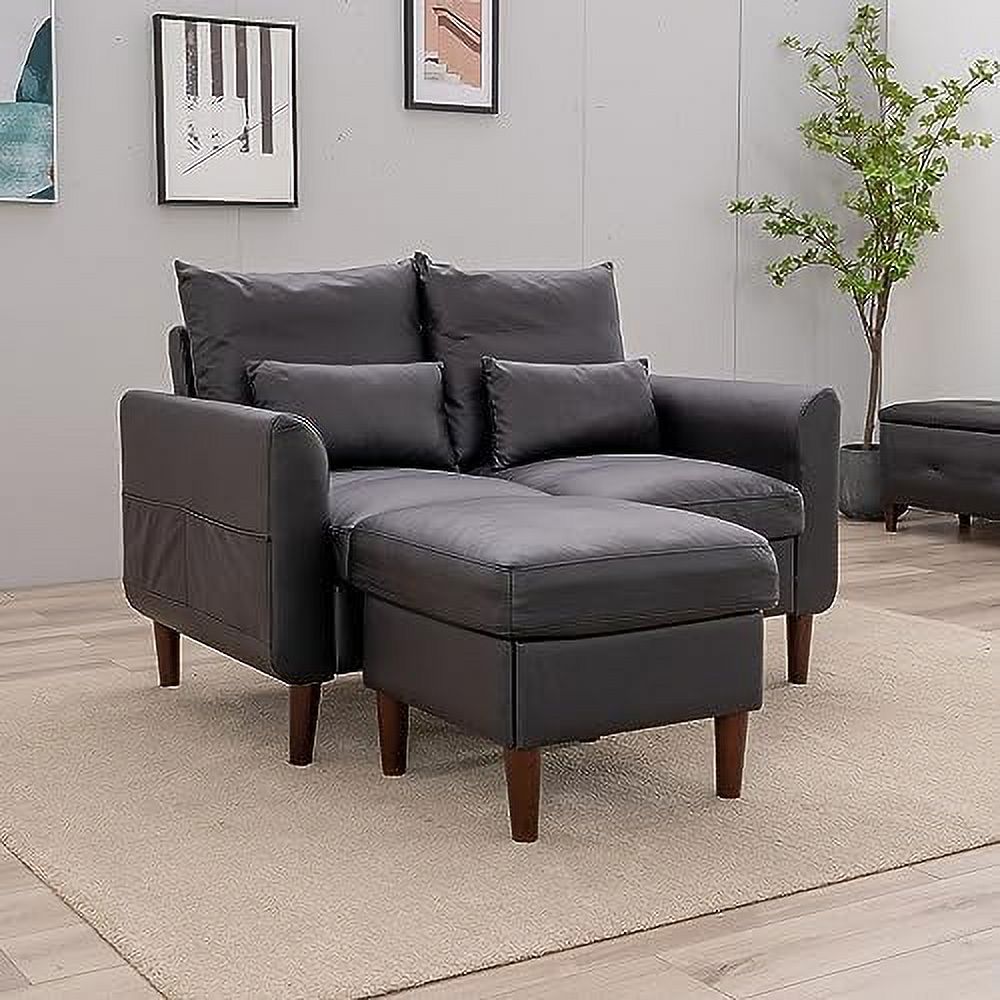 Black Faux Leather 2-Seater Sofa with Wood Leg I20051