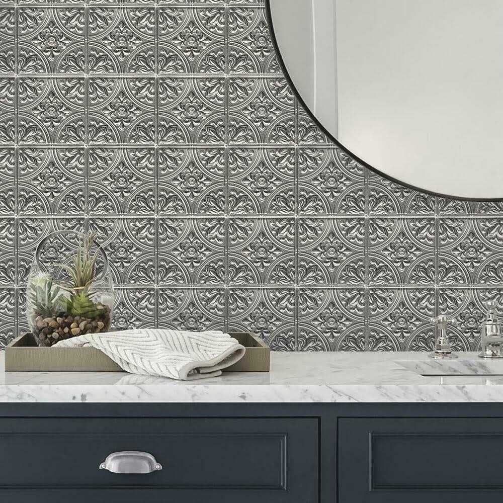 Silver Tin Peel and Stick Tile Backsplash L316