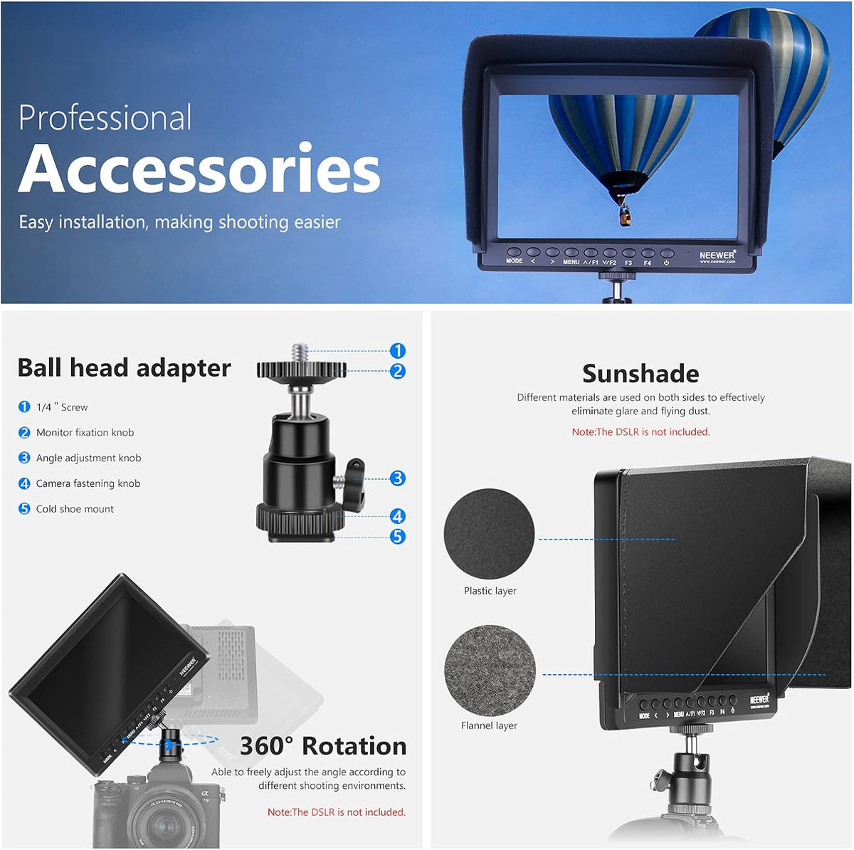 7inch Camera Field Monitor HD IPS 1280x800 4K HDMI with Sunshade and Ball Head O12648