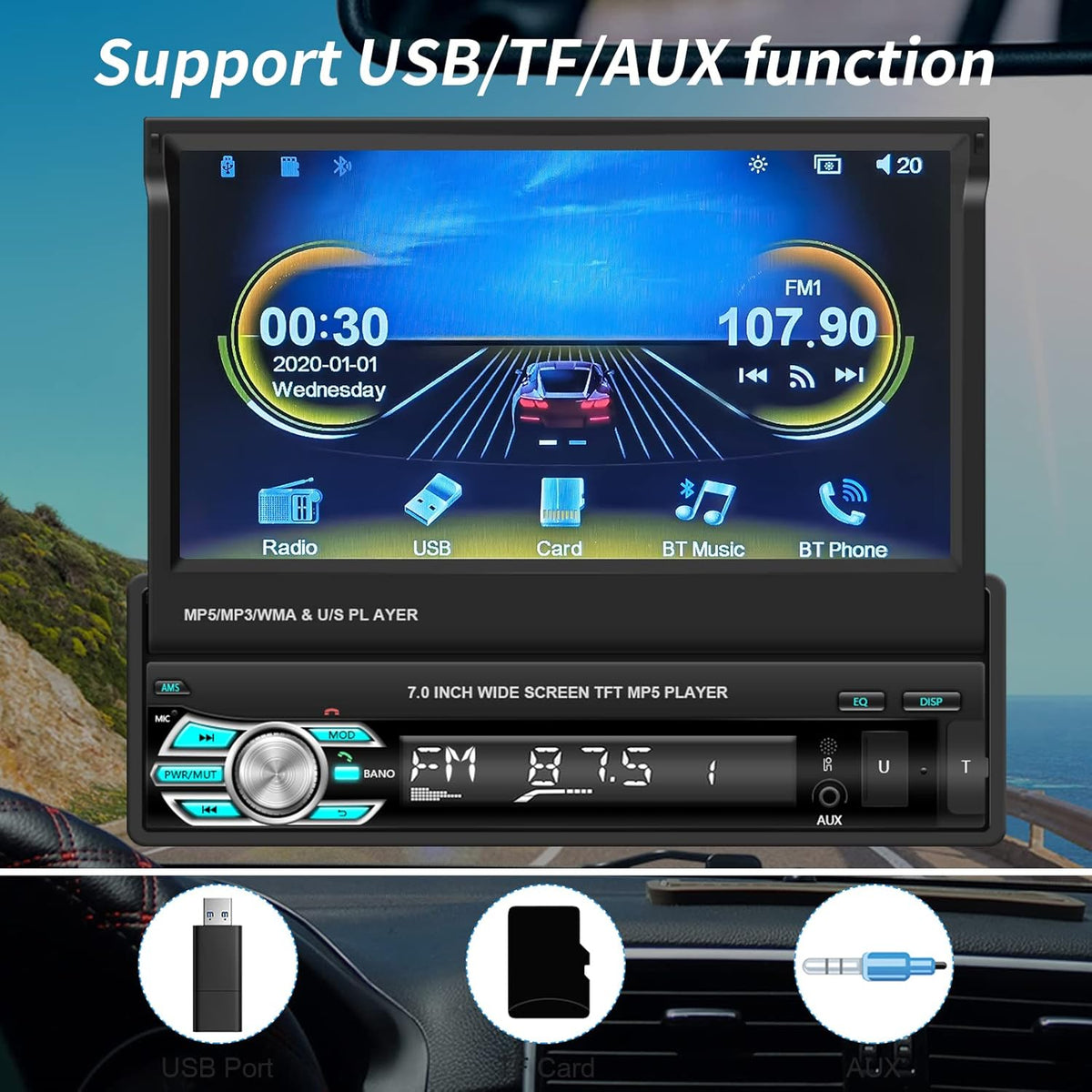 Single Din Car Stereo with Carplay Android Auto 7 Inch Touch Screen L5910