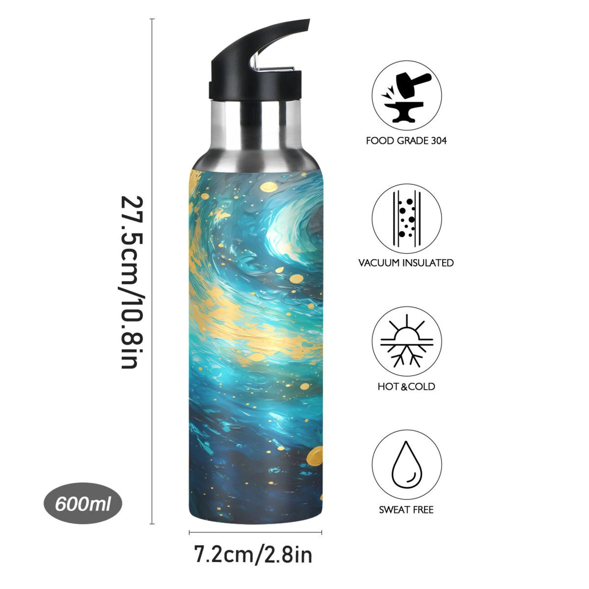 Blue and Golden Stainless Steel Insulated Water Bottle with Straw Lid B691