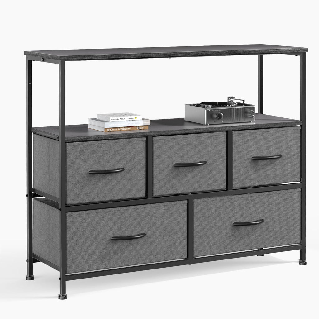 Gray 5 Drawer Fabric Dresser with Wood Shelves X883326