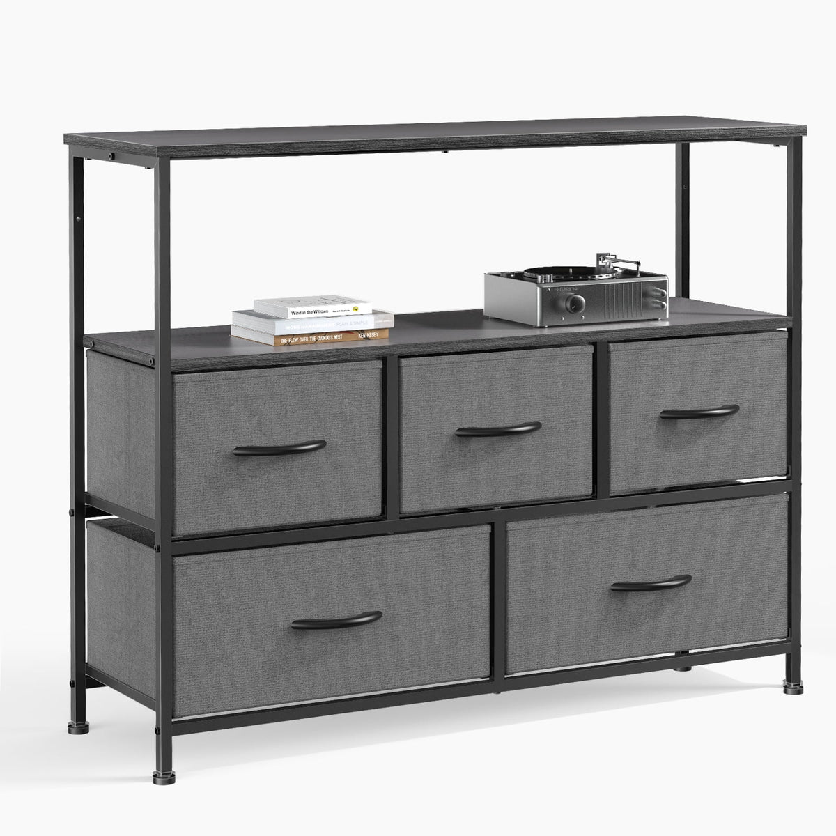 Gray 5 Drawer Fabric Dresser with Wood Shelves X883326