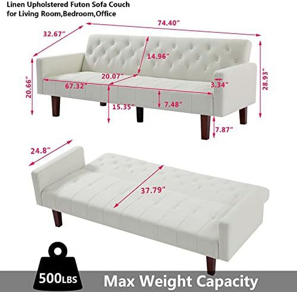 Grey Linen Upholstered Futon Sofa Bed 74" Tufted 3 Seater Q330