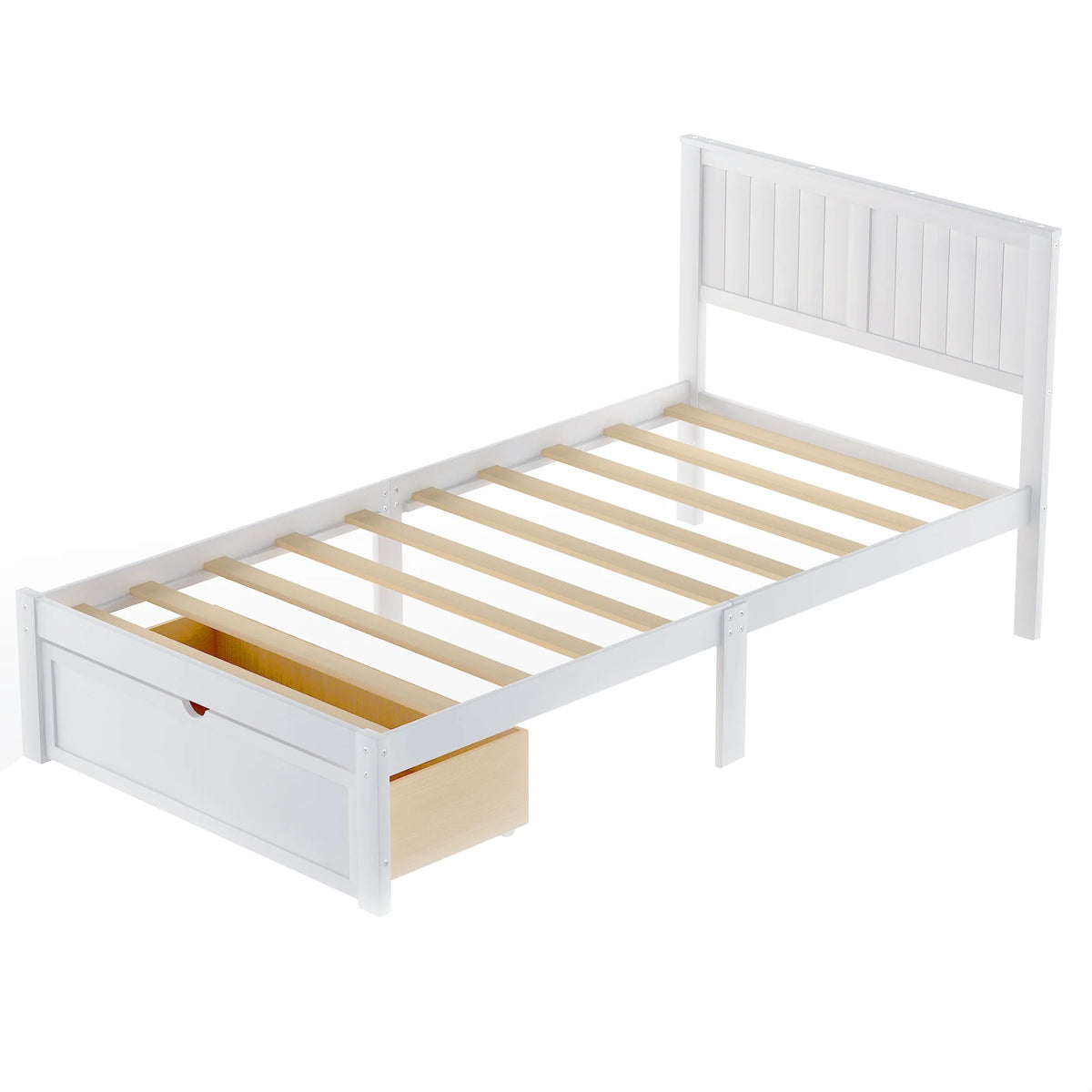 White Twin Wood Platform Bed with Headboard and Storage Drawer X383548