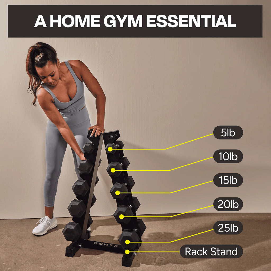 150 lb Rubber Hex Dumbbell Set with Rack J4250