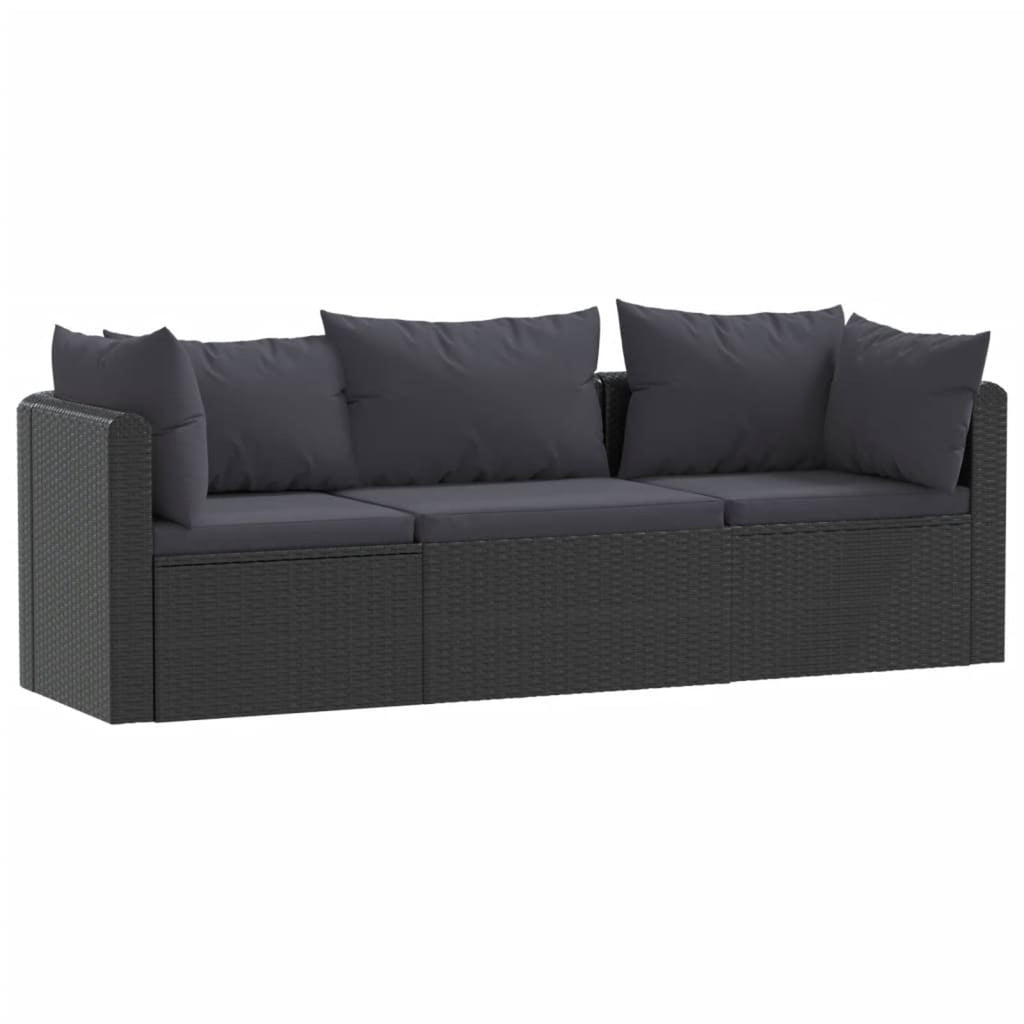 Black Poly Rattan 3 Piece Patio Sofa Set with Cushions O7843