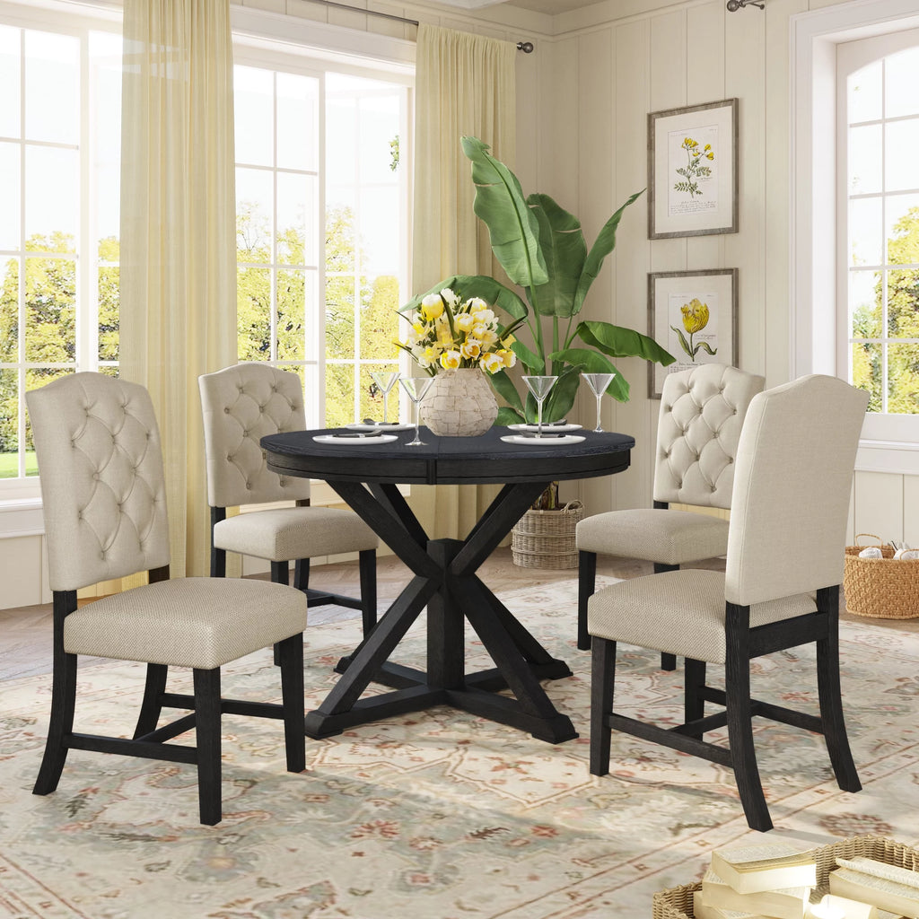 5 Piece Espresso Round Wood Dining Table Set with 4 Upholstered Chairs Y500225