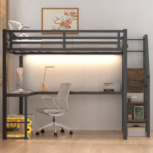 Full Size Metal Loft Bed with Desk and Wardrobe B732