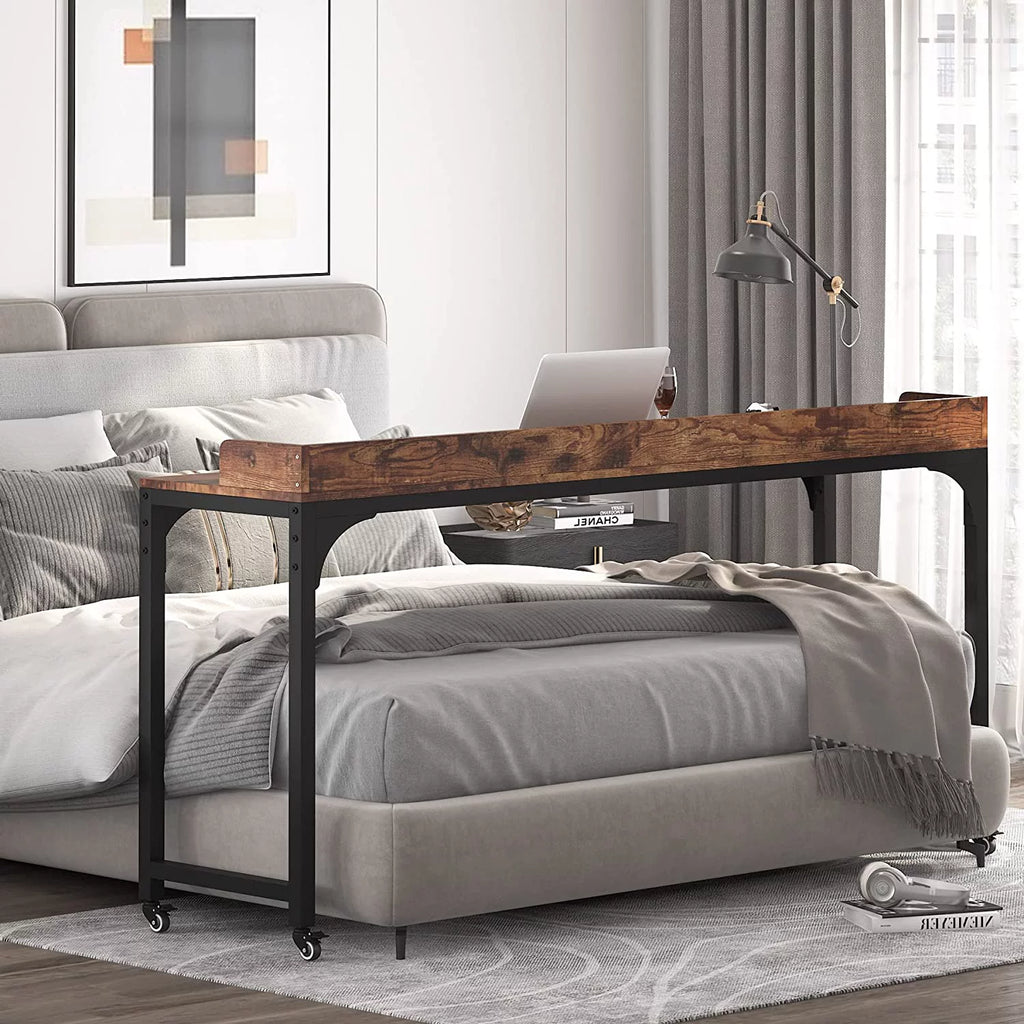 Brown Overbed Table with Wheels 70.8"L Queen Size Mobile Desk with Metal Legs E9628