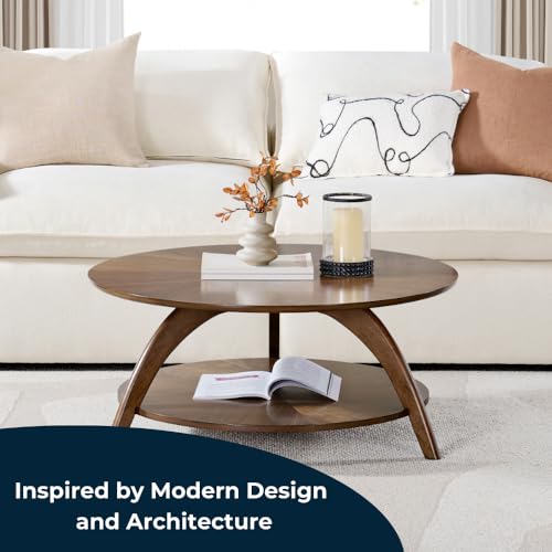 Caramel Brown Round Wood Coffee Table with Shelf Storage D6149
