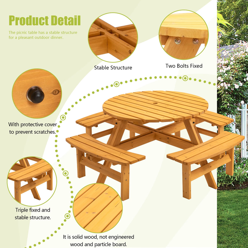 8-Person Wooden Picnic Table with 4 Built-in Benches L878195