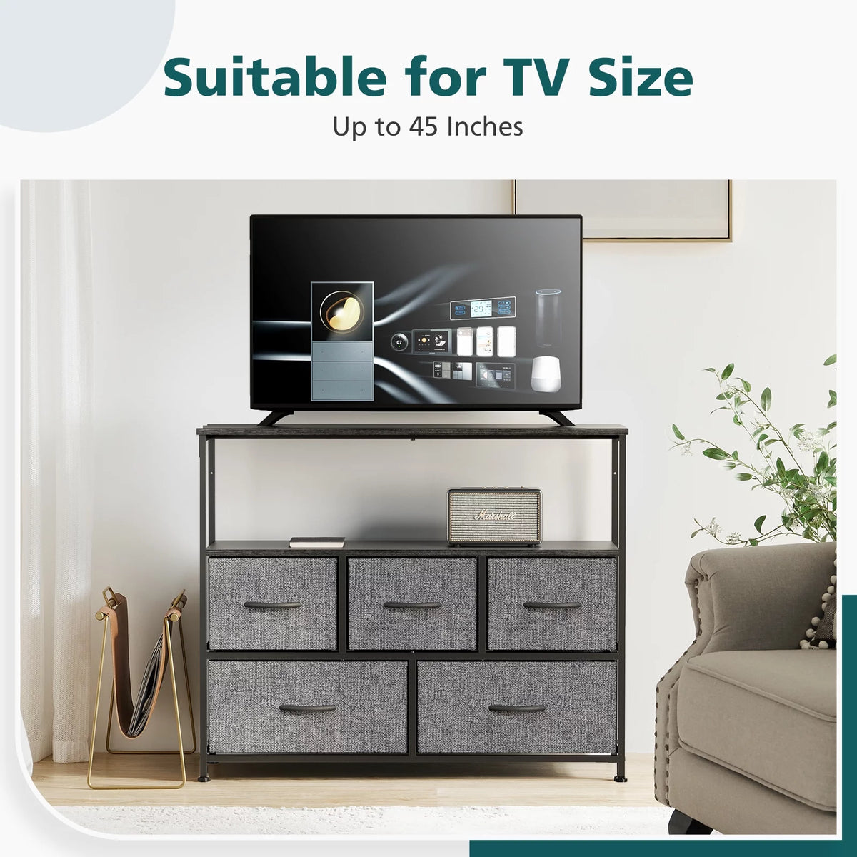 Gray 5 Drawer Fabric Dresser with Wood Shelves X883326