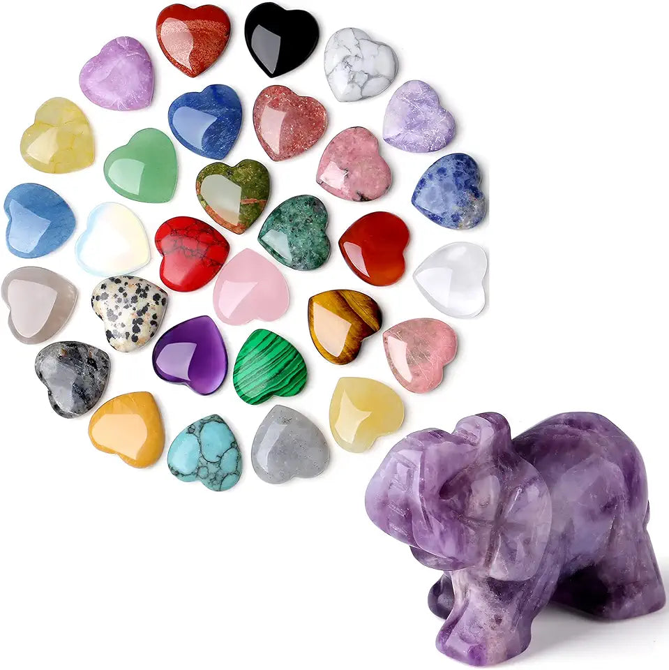 30 PCS Heart Crystals and 1.5" Amethyst Elephant Polished Statue N7140