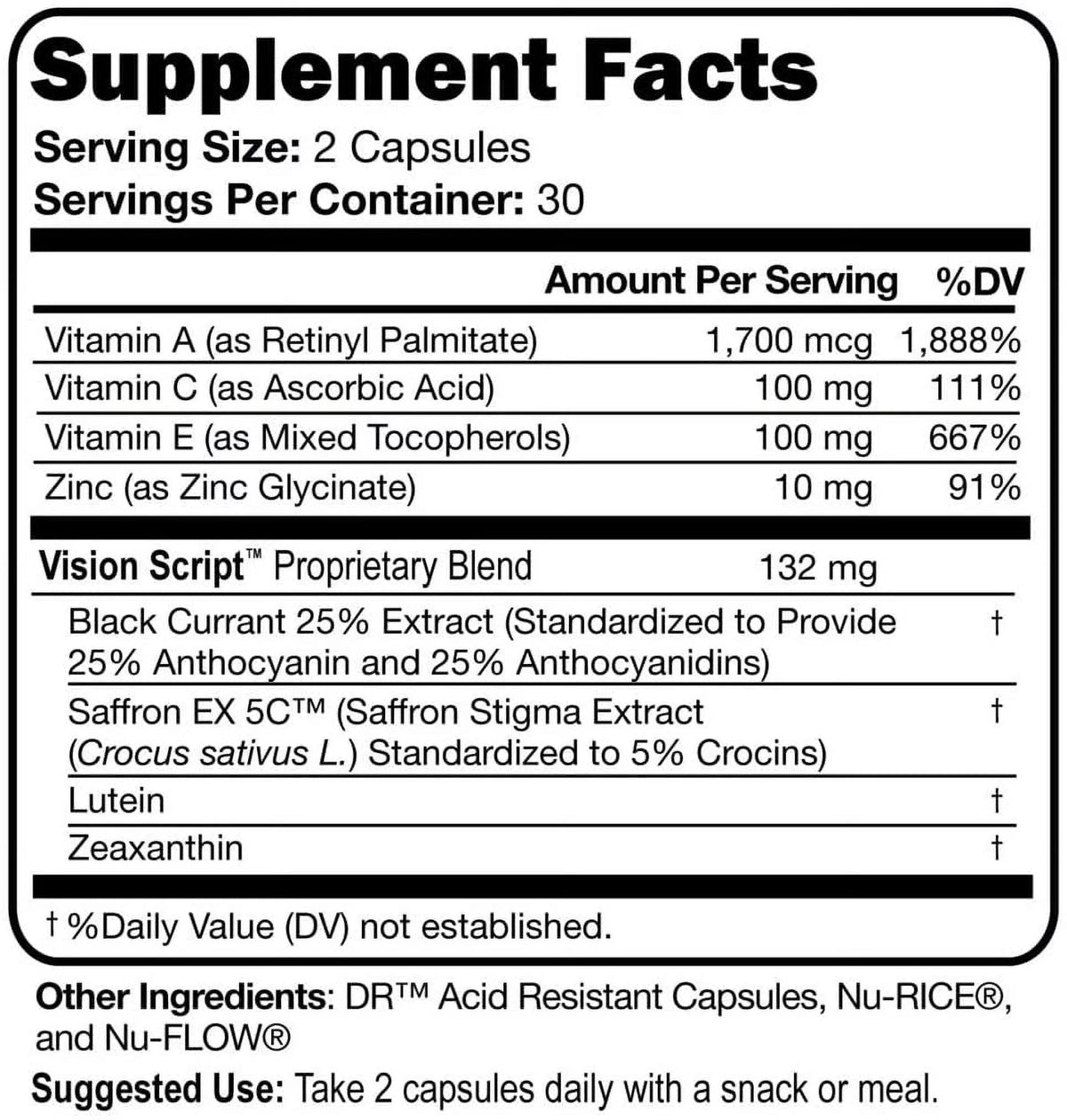 Saffron, Black Currant, Lutein, Zeaxanthin, Vitamin C, Vitamin E, Zinc Glycinate Capsule for Eye Health X5509