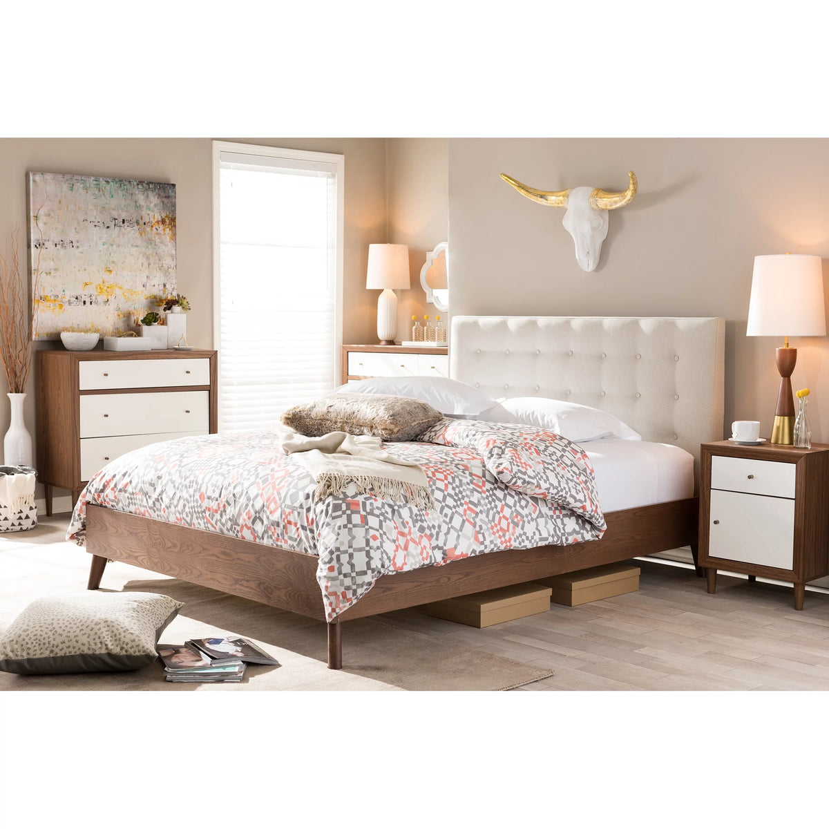 Mid-century Modern Fabric Upholstered Walnut Wood Platform Bed Z36251