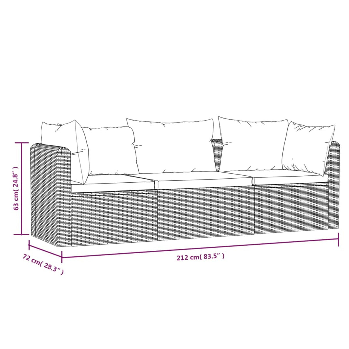 Black Poly Rattan 3 Piece Patio Sofa Set with Cushions O7843