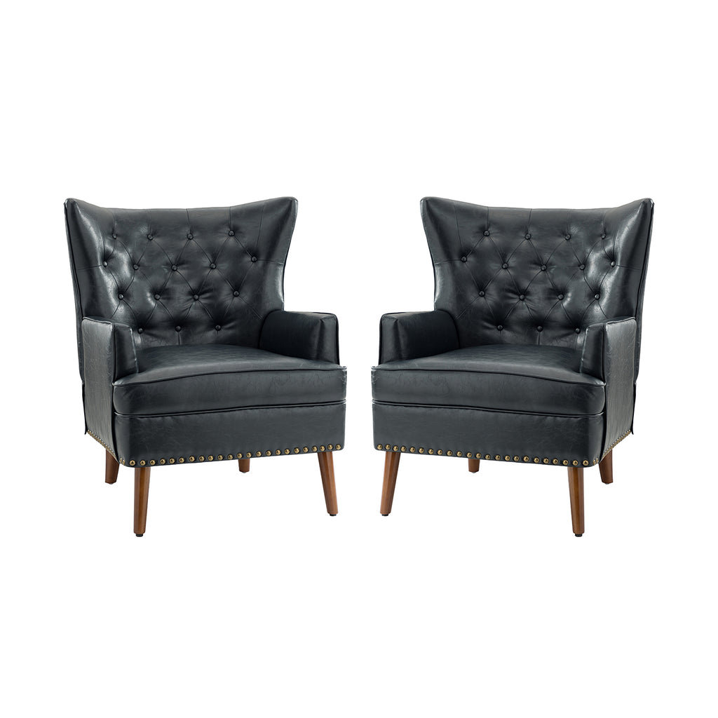 Navy Vegan Leather Wingback Armchair Set of 2 R5769