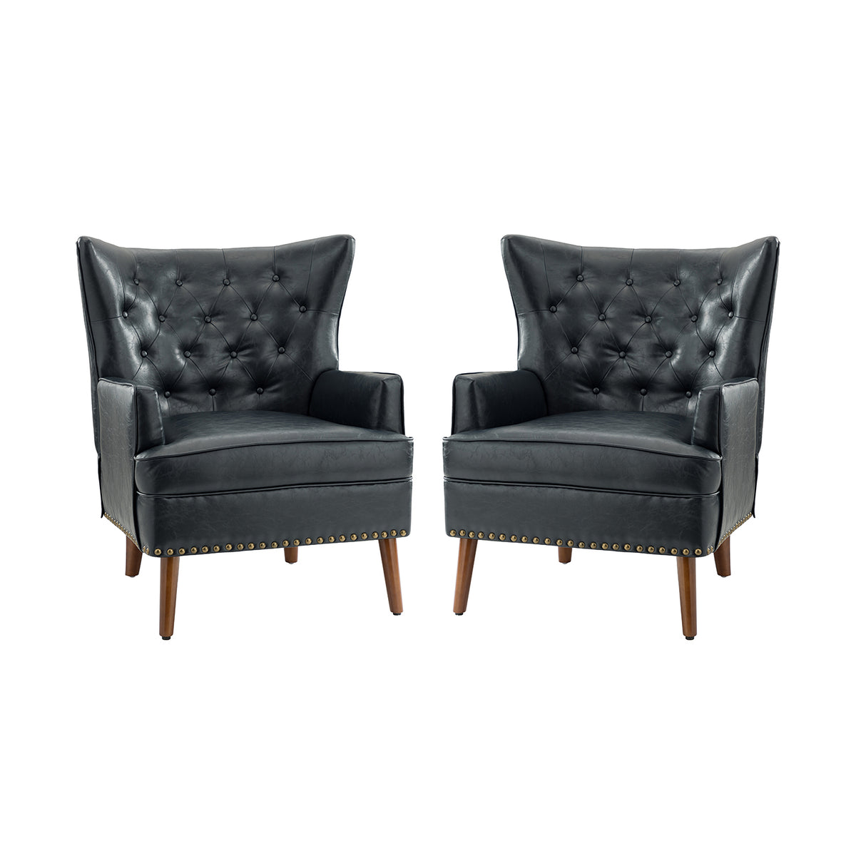 Navy Vegan Leather Wingback Armchair Set of 2 R5769
