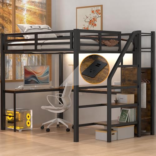 Full Size Metal Loft Bed with Desk and Wardrobe B732