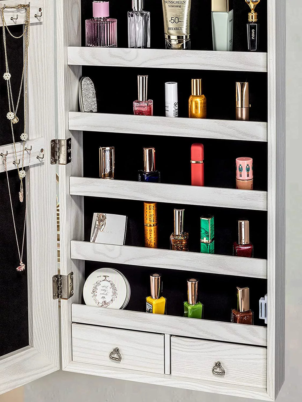 White Wall-Mounted Jewelry Cabinet with LED Lights K238