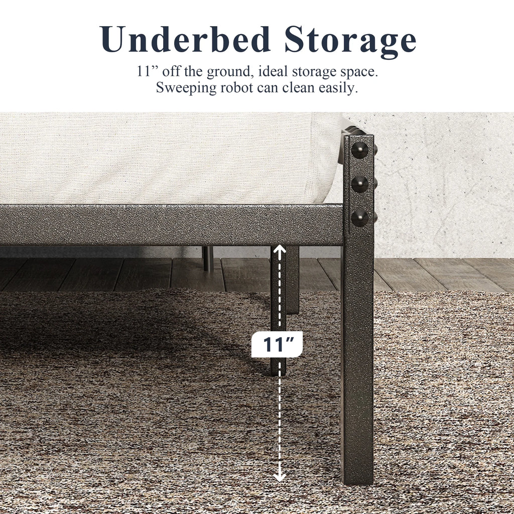 Queen Size Brown Metal Platform Bed Frame with Wooden Headboard B899