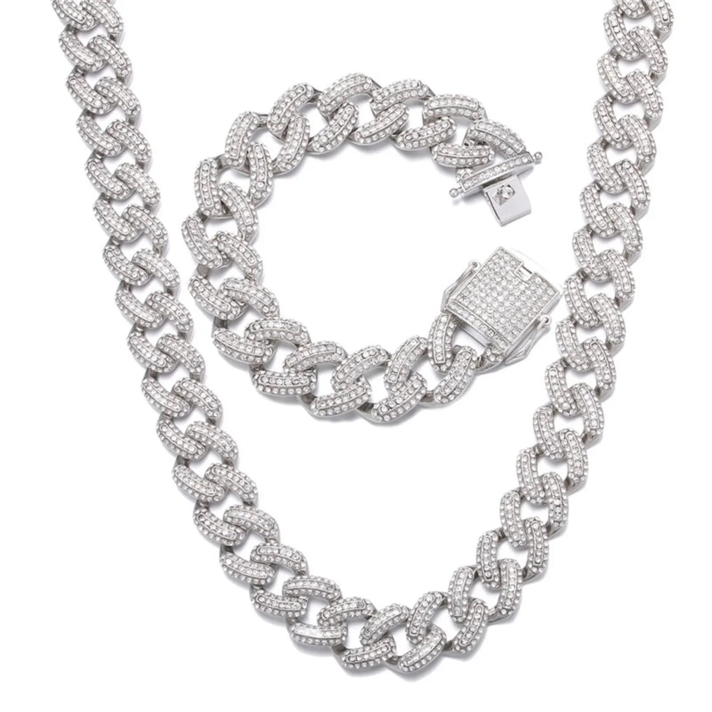 19MM Zircon Cuban Chain Necklace Bracelet Set 24" Y50026