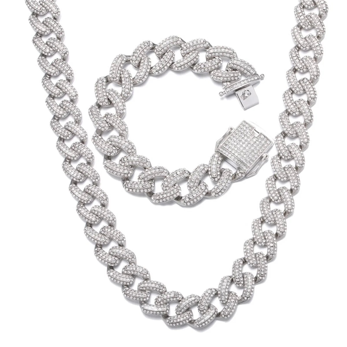19MM Zircon Cuban Chain Necklace Bracelet Set 24" Y50026