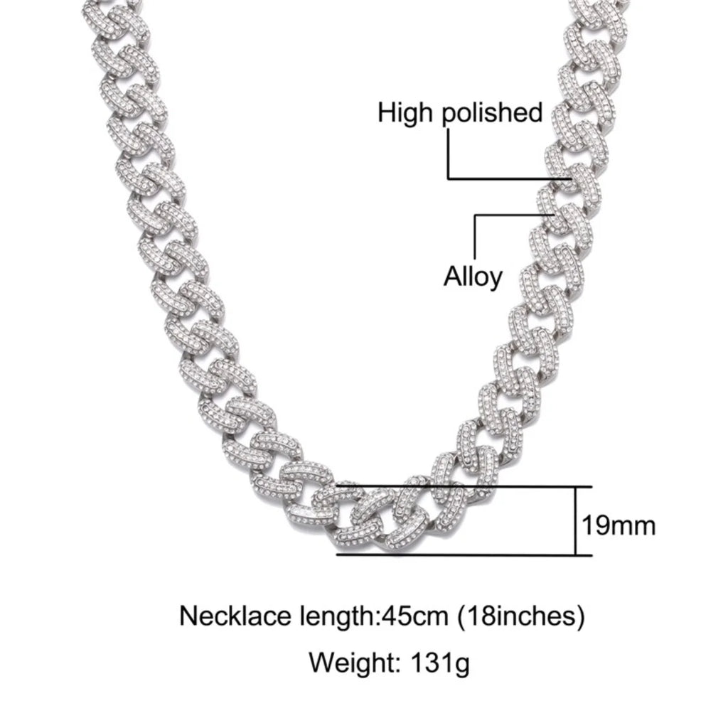 19MM Zircon Cuban Chain Necklace Bracelet Set 24" Y50026