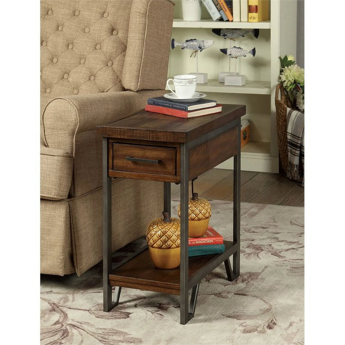 Farmhouse Wood 1-Drawer Side Table in Oak J309197