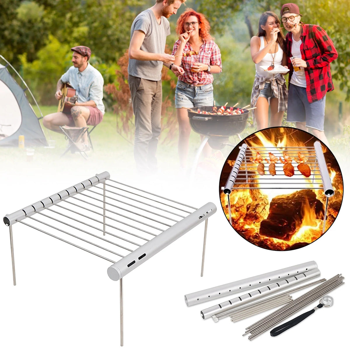 Portable Folding Barbeque Grill with Outdoor Baking Tray Holder N68375