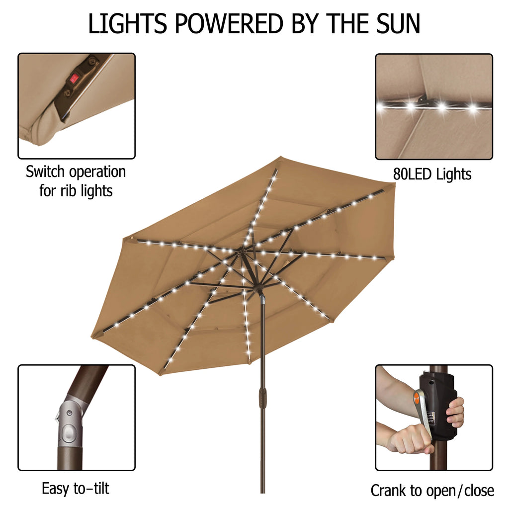 Tan 9ft 3 Tiers Market Umbrella with 80 LED Lights V6070