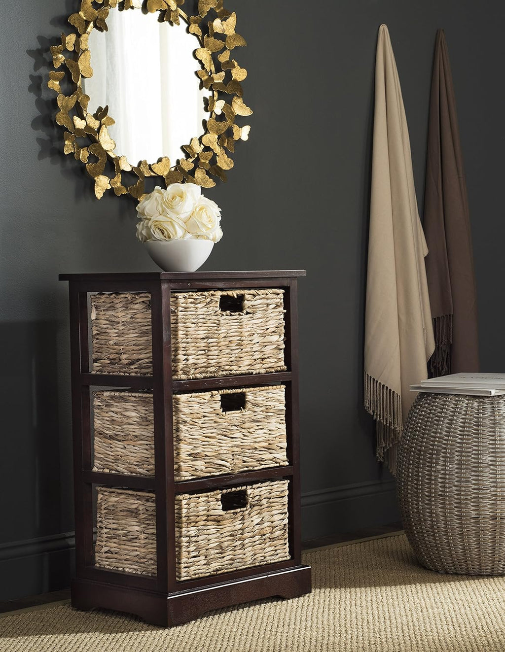 Distressed Black Wicker Basket Storage Side Table S987850