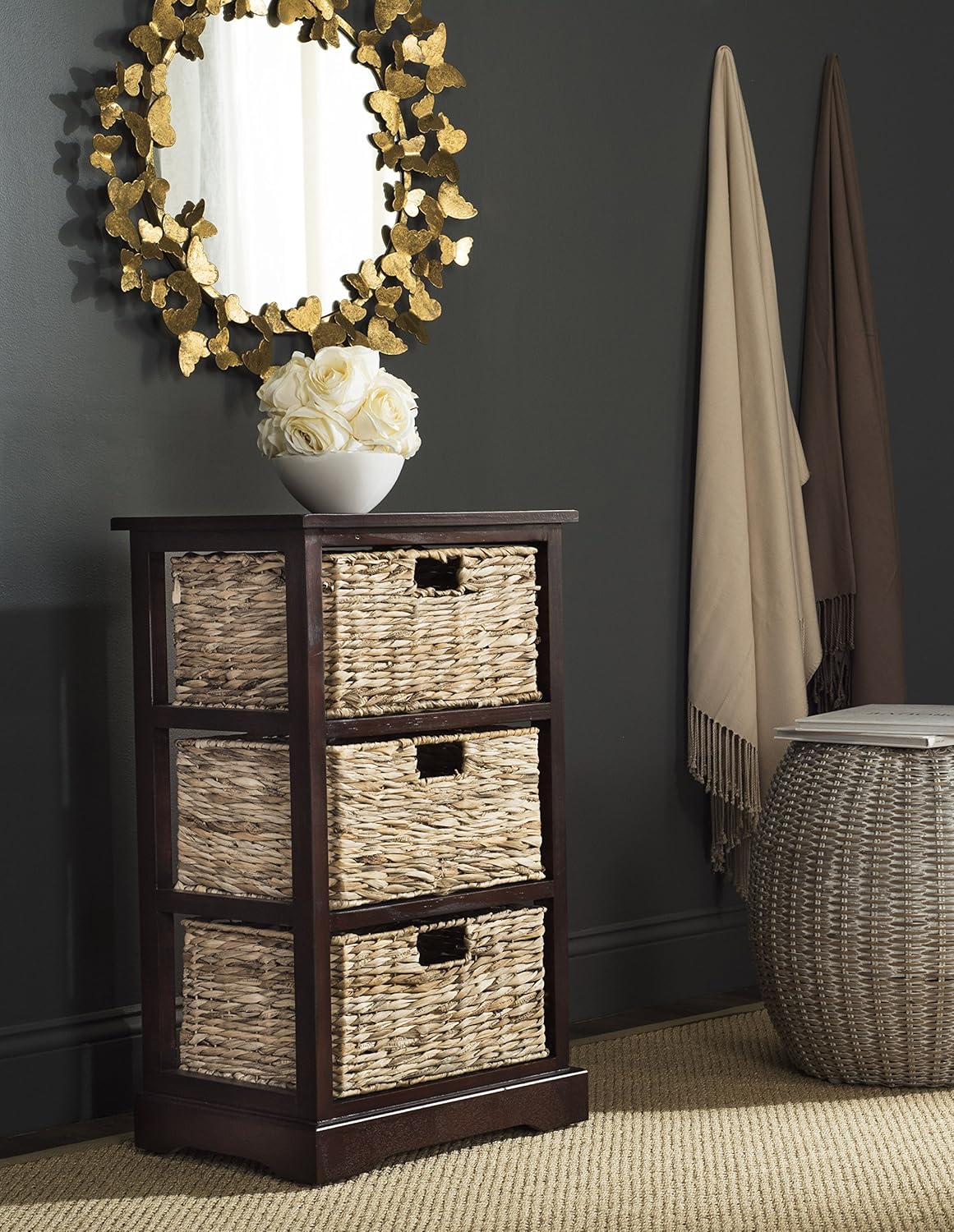 Distressed Black Wicker Basket Storage Side Table S987850