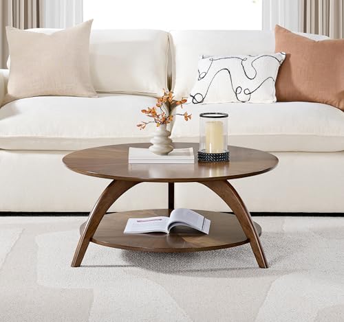Caramel Brown Round Wood Coffee Table with Shelf Storage D6149