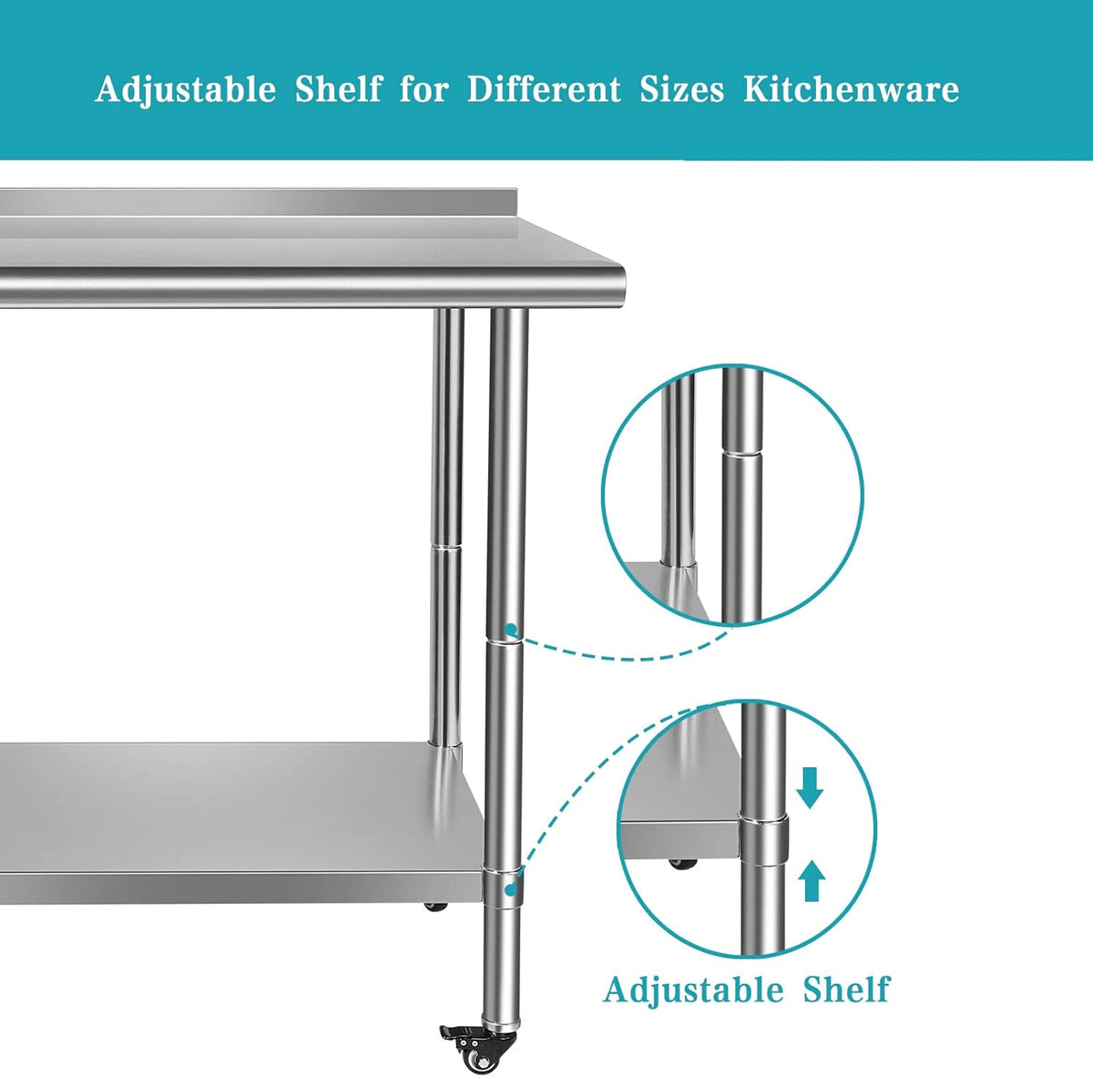 Stainless Steel Work Table with Casters, Backsplash, Adjustable Undershelf I7840