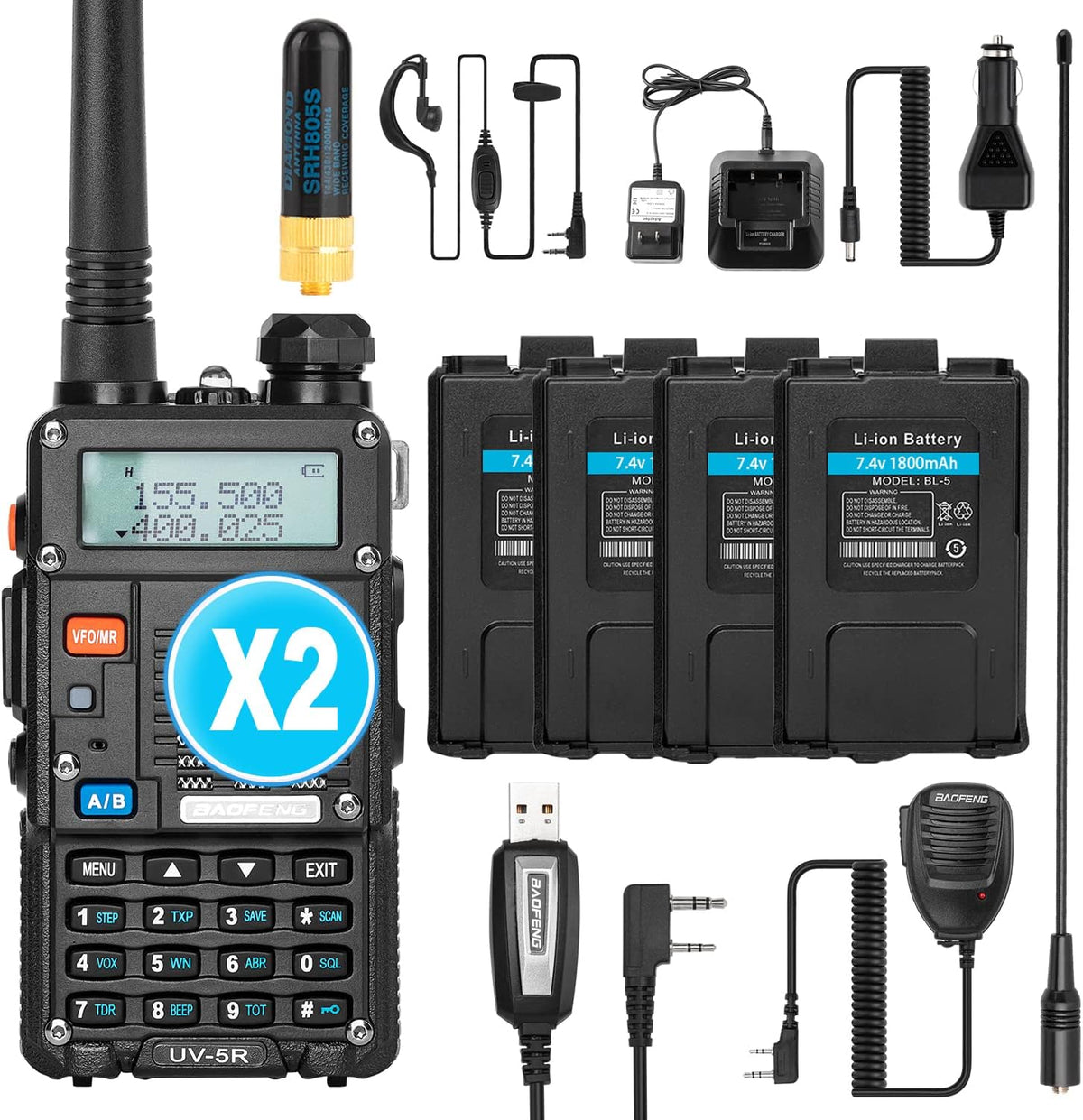 UV-5R Pro Dual-Band Handheld Walkie Talkie with 2 Rechargeable Battery A382