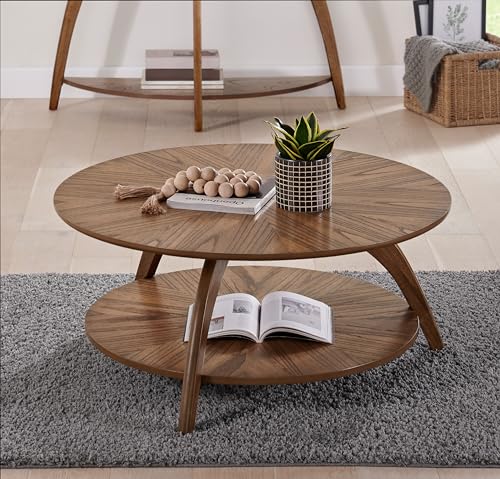 Caramel Brown Round Wood Coffee Table with Shelf Storage D6149