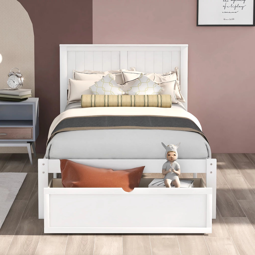 White Twin Wood Platform Bed with Headboard and Storage Drawer X383548
