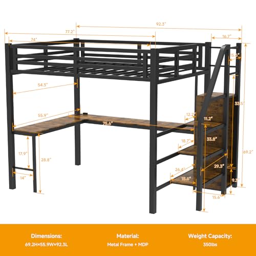 Full Size Metal Loft Bed with Desk and Wardrobe B732