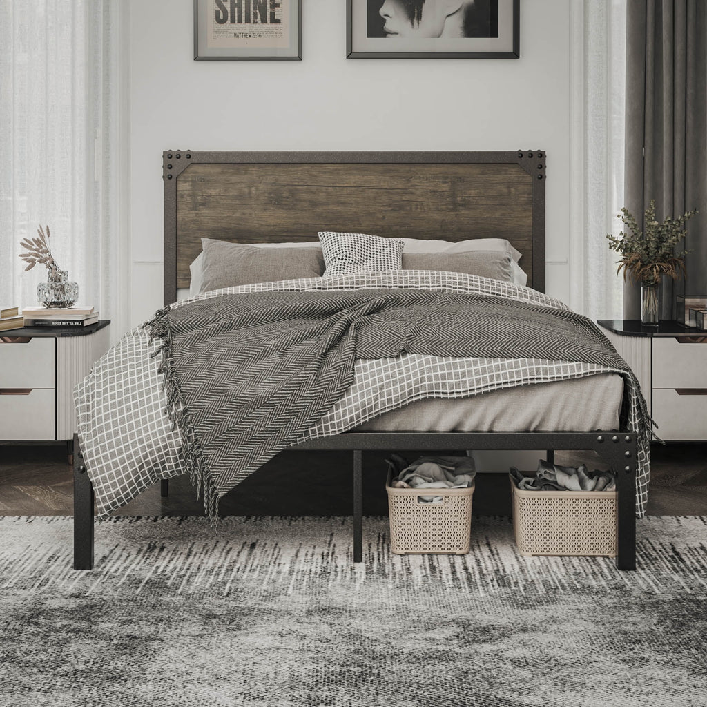 Queen Size Brown Metal Platform Bed Frame with Wooden Headboard B899