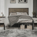 Queen Size Brown Metal Platform Bed Frame with Wooden Headboard B899