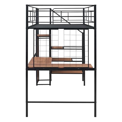 Twin Size Black Metal Loft Bed with Wardrobe and L-Shape Desk V31870