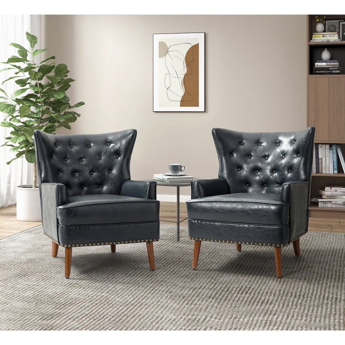Navy Vegan Leather Wingback Armchair Set of 2 R5769