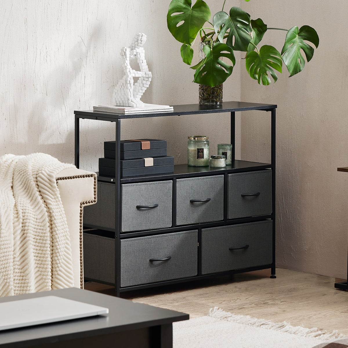 Gray 5 Drawer Fabric Dresser with Wood Shelves X883326