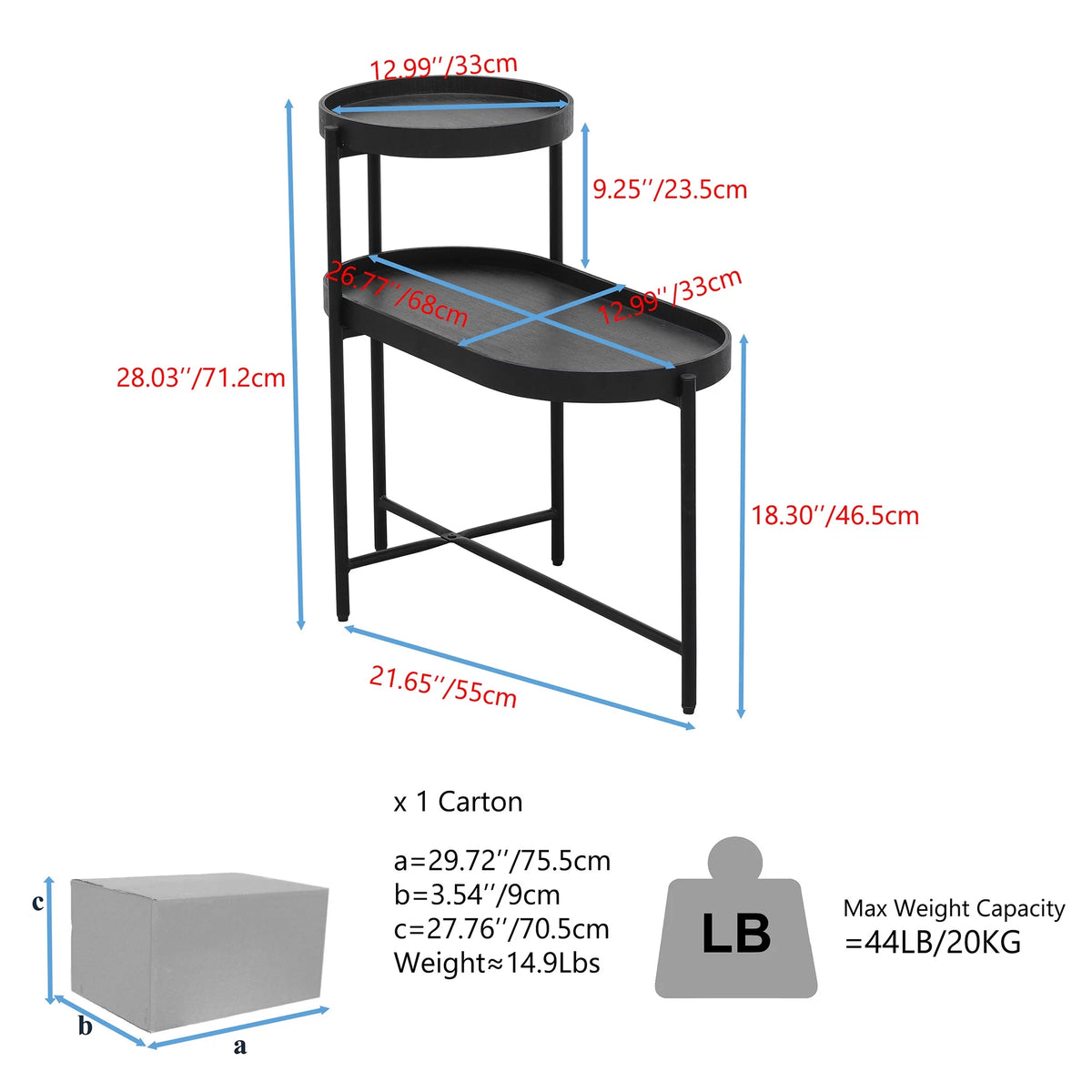2-Tier Wooden Top Side Table Black Metal Frame A693330